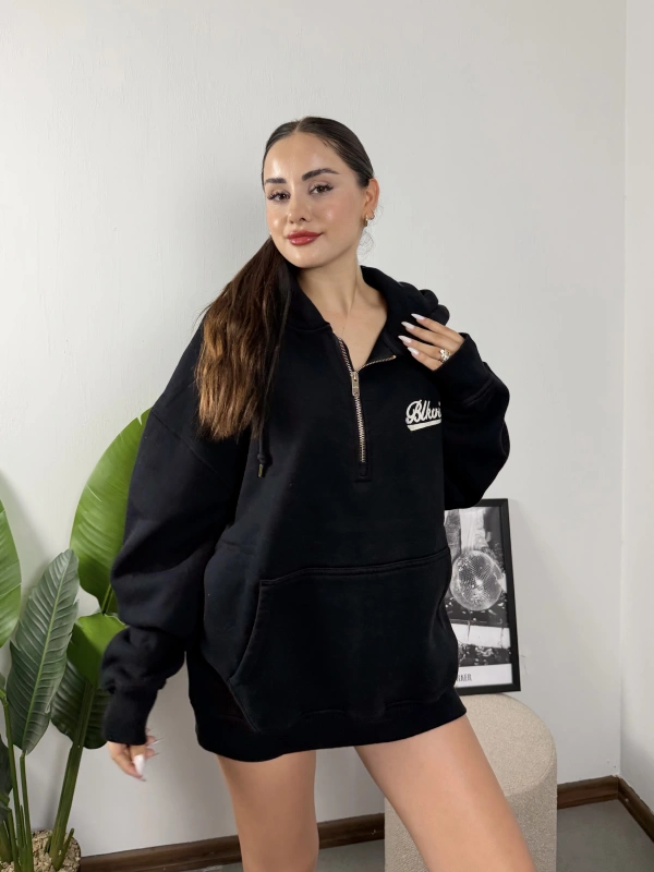 Yarım Fermuarlı Blkvis NY Nakışlı Hoddie Sweat