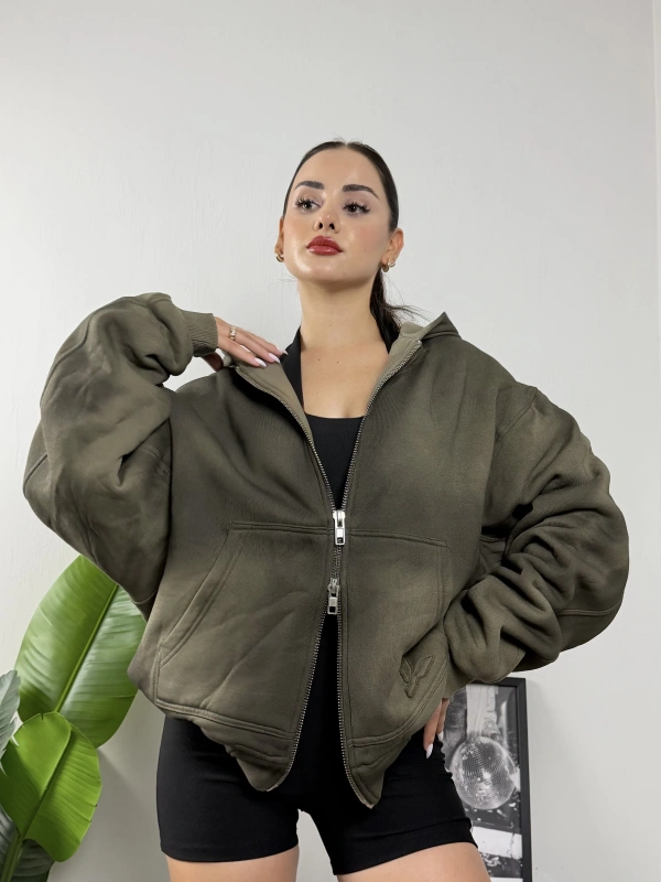 Yıkamalı Oversize Çift Fermuarlı Kalın Hoddie Sweat