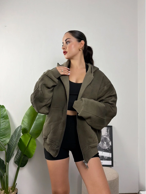 Yıkamalı Oversize Çift Fermuarlı Kalın Hoddie Sweat