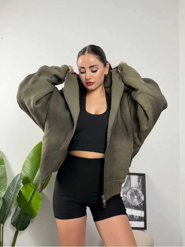 Yıkamalı Oversize Çift Fermuarlı Kalın Hoddie Sweat