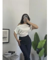 Düşük Omuz Dantelli Bluz Beyaz