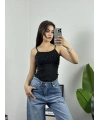 Mini Taşlı Ayarlanabilir Askılı Bodysuit Siyah