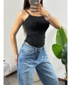 Mini Taşlı Ayarlanabilir Askılı Bodysuit Siyah