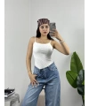 Mini Taşlı Ayarlanabilir Askılı Bodysuit Beyaz