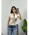 Krem Fermuarlı Crop Spor Ceket