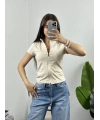 Krem Fermuarlı Crop Spor Ceket