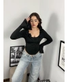 Carmen İspanyol Kollu Bluz Siyah