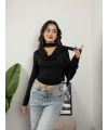 Choker Detaylı Drapeli Bluz Siyah