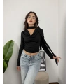 Choker Detaylı Drapeli Bluz Siyah