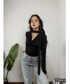 Choker Detaylı Drapeli Bluz Siyah