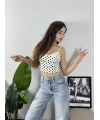 Dantel Yaka Puantiye Crop Beyaz