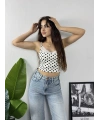 Dantel Yaka Puantiye Crop Beyaz