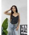 Dantel Yaka Puantiye Crop Siyah