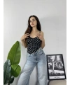 Dantel Yaka Puantiye Crop Siyah