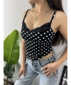 Dantel Yaka Puantiye Crop Siyah