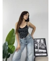 Dantel Yaka Puantiye Crop Siyah