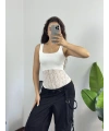 Kalın Askılı Dantel Dokulu Bodysuit Beyaz