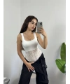 Kalın Askılı Dantel Dokulu Bodysuit Beyaz