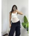 Kalın Askılı Dantel Dokulu Bodysuit Beyaz