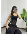 Kalın Askılı Dantel Dokulu Bodysuit Siyah