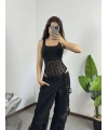 Kalın Askılı Dantel Dokulu Bodysuit Siyah