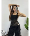 Kalın Askılı Dantel Dokulu Bodysuit Siyah