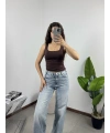 Kare Yaka Croptop Kahve