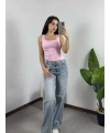 Kare Yaka Croptop Pembe