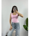 Kare Yaka Croptop Pembe