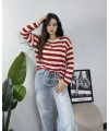 Massimo Orj Marka Çizgili Kırmızı Oversize Sweatshirt