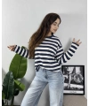 Massimo Orj Marka Çizgili Lacivert Oversize Sweatshirt
