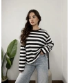 Massimo Orj Marka Çizgili Siyah Oversize Sweatshirt