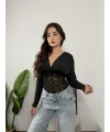 Nocturne Dantel Detaylı Transparan Bodysuit Siyah