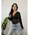 Nocturne Dantel Detaylı Transparan Bodysuit Siyah