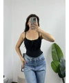 Önü Bağlamalı Siyah Bodysuit
