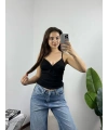 Önü Büzgülü Siyah Basic Croptop