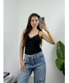 Önü Büzgülü Siyah Basic Croptop