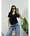 Polo Yaka Modal Crop Tshirt Siyah