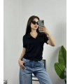 Polo Yaka Modal Crop Tshirt Siyah
