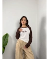 Reglan Kol NYC Baskılı Bluz Kahve