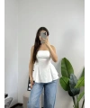 Straplez Volanlı Bluz Beyaz
