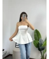 Straplez Volanlı Bluz Beyaz