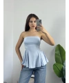Straplez Volanlı Bluz Mavi