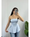 Straplez Volanlı Bluz Mavi