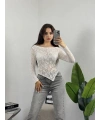 Transparan Dantelli Çapraz Kesim Bluz