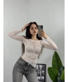 Transparan Dantelli Çapraz Kesim Bluz