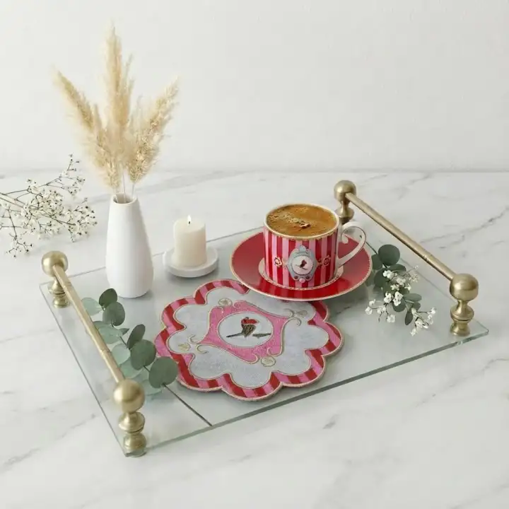 2 Adet Kırmızı Pip Studio Uyumlu Nakışlı Kuş Detaylı Sunum ve Kokteyl Peçetesi