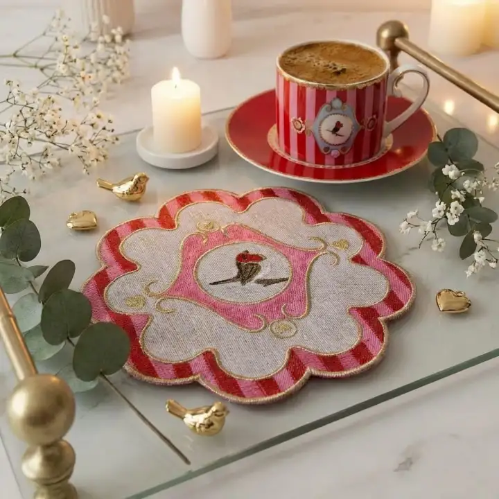 2 Adet Kırmızı Pip Studio Uyumlu Nakışlı Kuş Detaylı Sunum ve Kokteyl Peçetesi