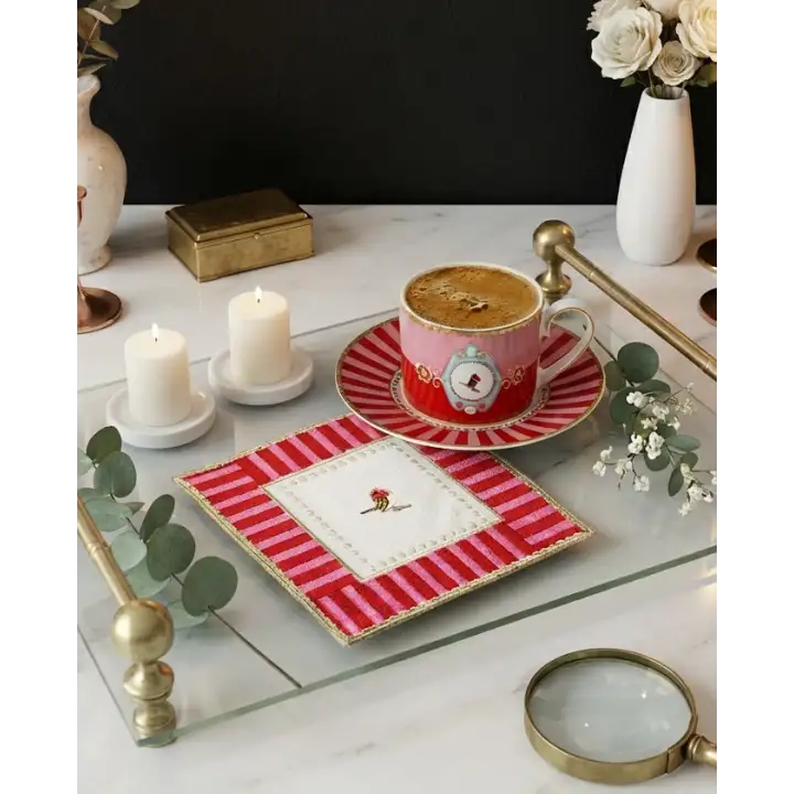 2 Adet Kırmızı Pip Studio Uyumlu Nakışlı Love Bird Detaylı Kare Kokteyl Sunum Peçetesi