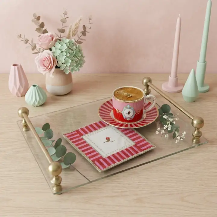 2 Adet Kırmızı Pip Studio Uyumlu Nakışlı Love Bird Detaylı Kare Kokteyl Sunum Peçetesi